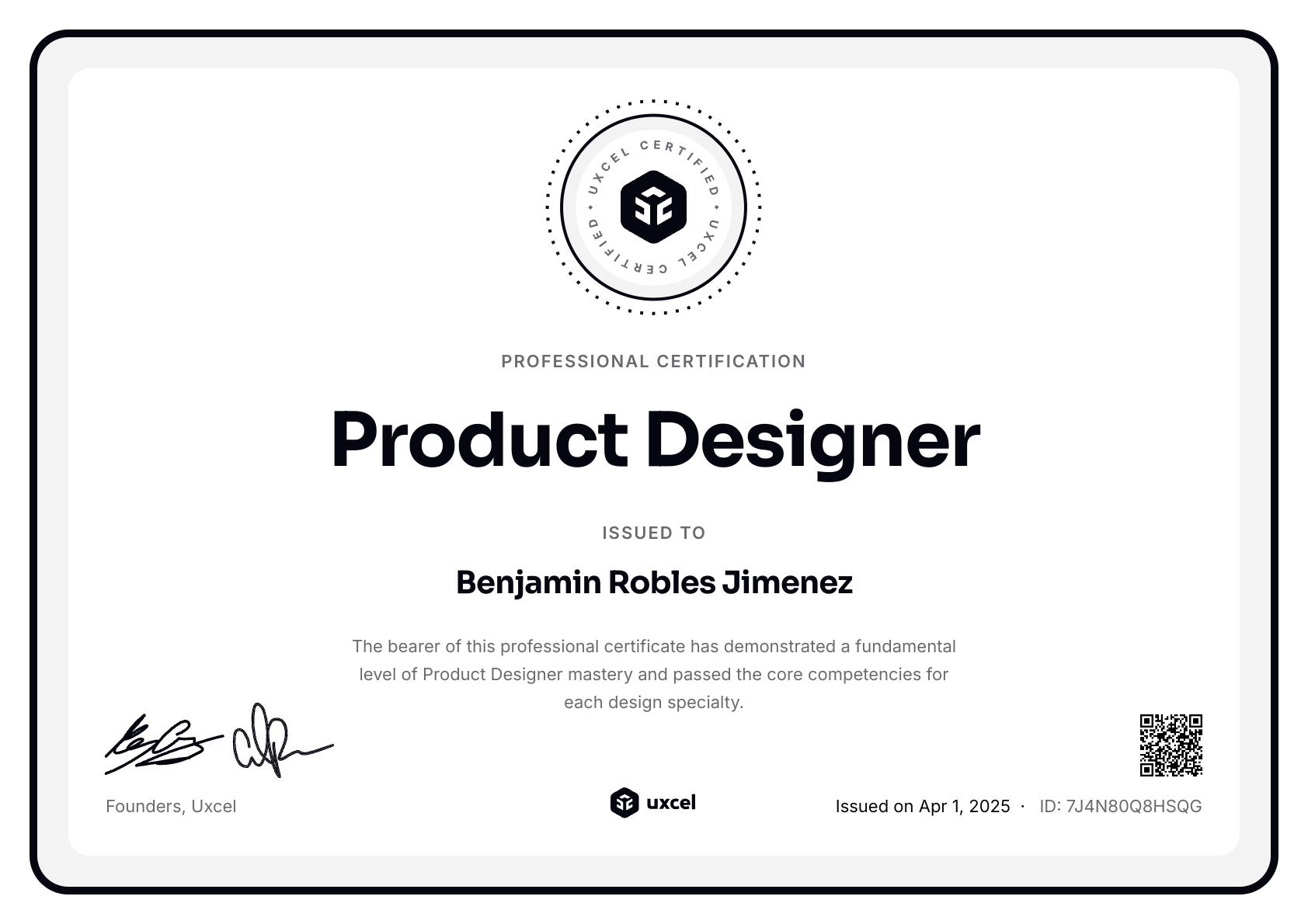 Benjamin Robles Jimenez's certificate